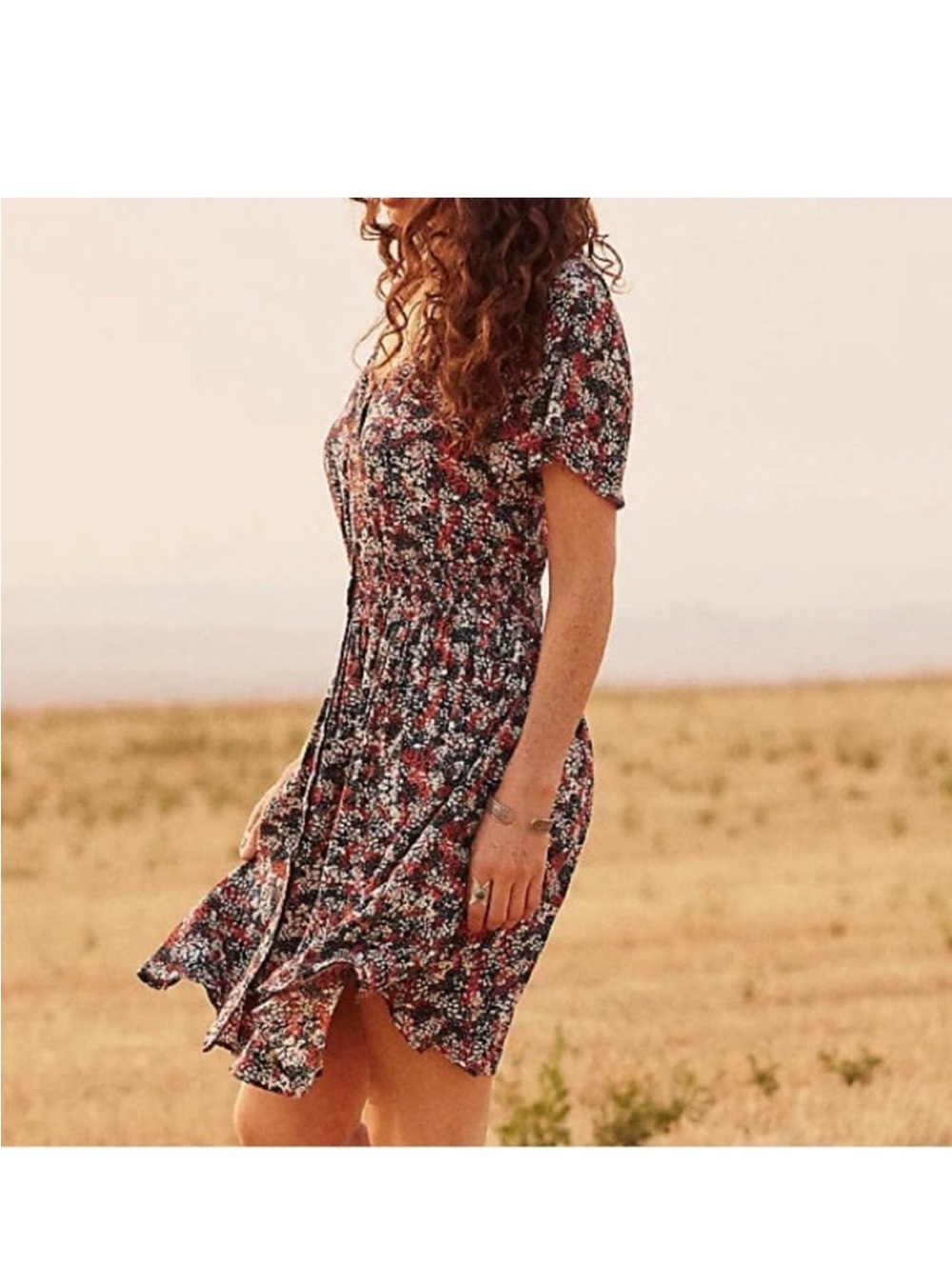 Wrangler Retro Smocked Waist Flutter Sleeve Mini Dress - Red, White, Blue Floral